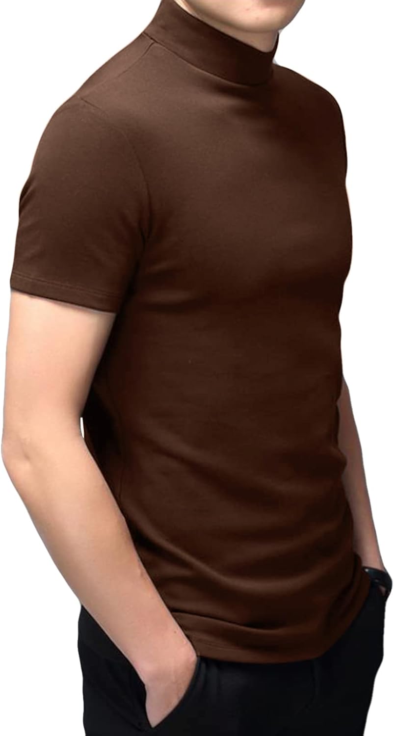 Men T Shirt Short Sleeve Basic Mock Turtleneck Slim Fit Undershirt Pullover Thermal Solid Tops
