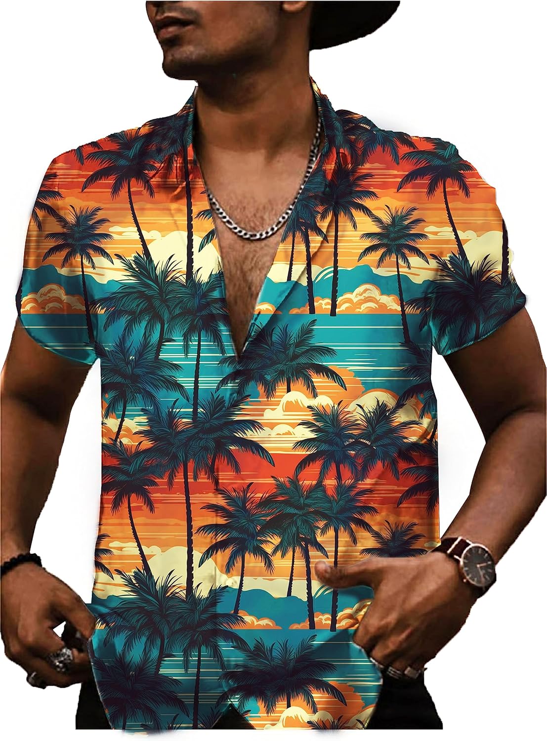 Men Hawaiian Shirt Beach Short Sleeved Floral Pattern Button Top