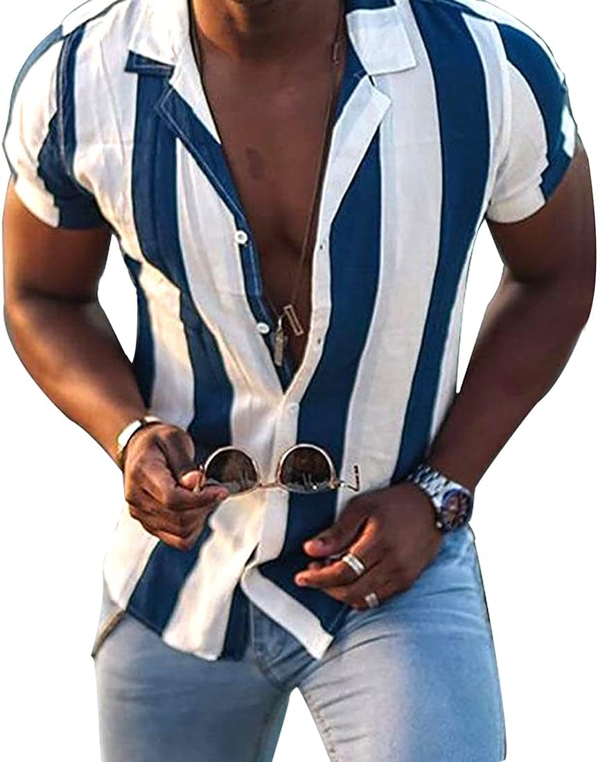 Men Hawaiian Shirt Beach Short Sleeved Floral Pattern Button Top