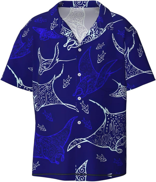 Medium Men Casual Short-Sleeved Shirt â€“ Summer Hawaiian Beach Tops for Outdoor Trips & Everyday Wear Manta Ray and Fish Black