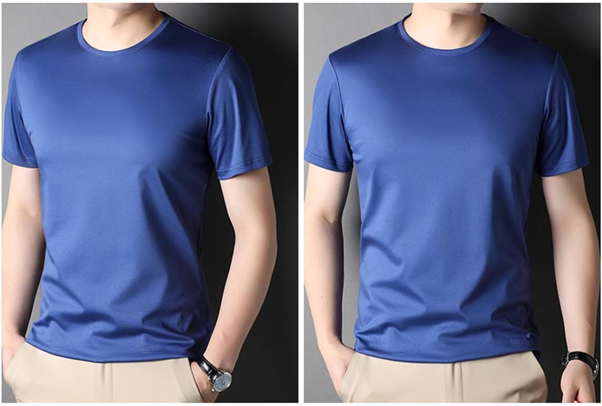 Mulberry Silk Men Short-Sleeved T-Shirt,New Summer Round Neck ice Silk Breathable T-Shirt