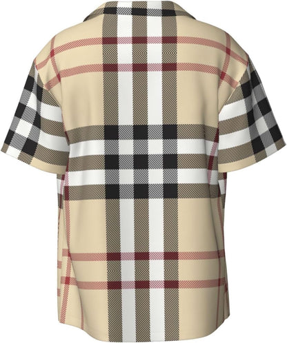 Medium Men Casual Short-Sleeved Shirt â€“ Summer Hawaiian Beach Tops for Outdoor Trips & Everyday Wear Gray Plaid Lines