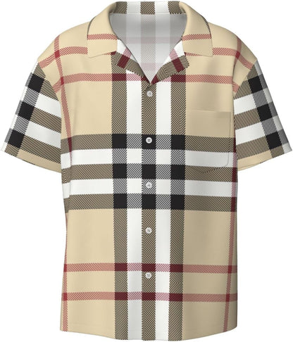 Medium Men Casual Short-Sleeved Shirt â€“ Summer Hawaiian Beach Tops for Outdoor Trips & Everyday Wear Gray Plaid Lines