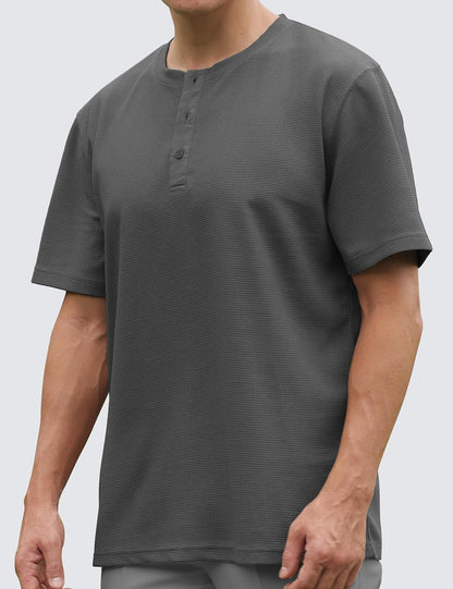 Men Henley Short Sleeve Fashion Casual Round Neck Button Down Waffle Henley Soild T Shirts