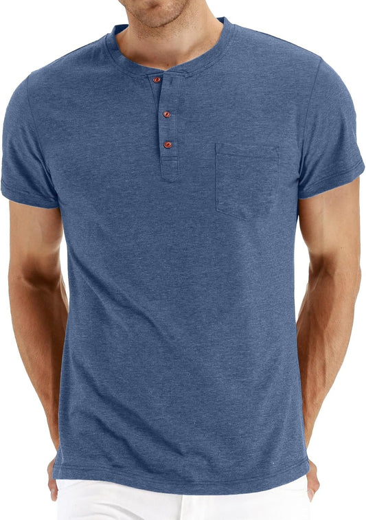 Men Henley Shirt Short Sleeve Summer T-Shirt with Pocket Solid Button Tee Top