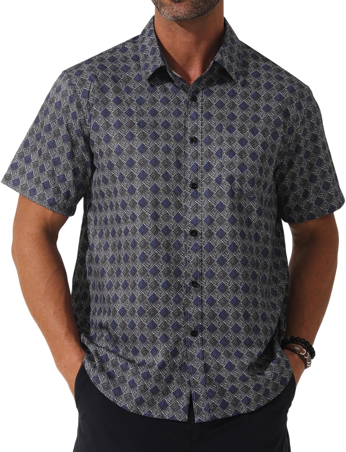 Men Short Sleeve Printed Business Shirt Button Down Dress Casual Polka Dot Print Shirt