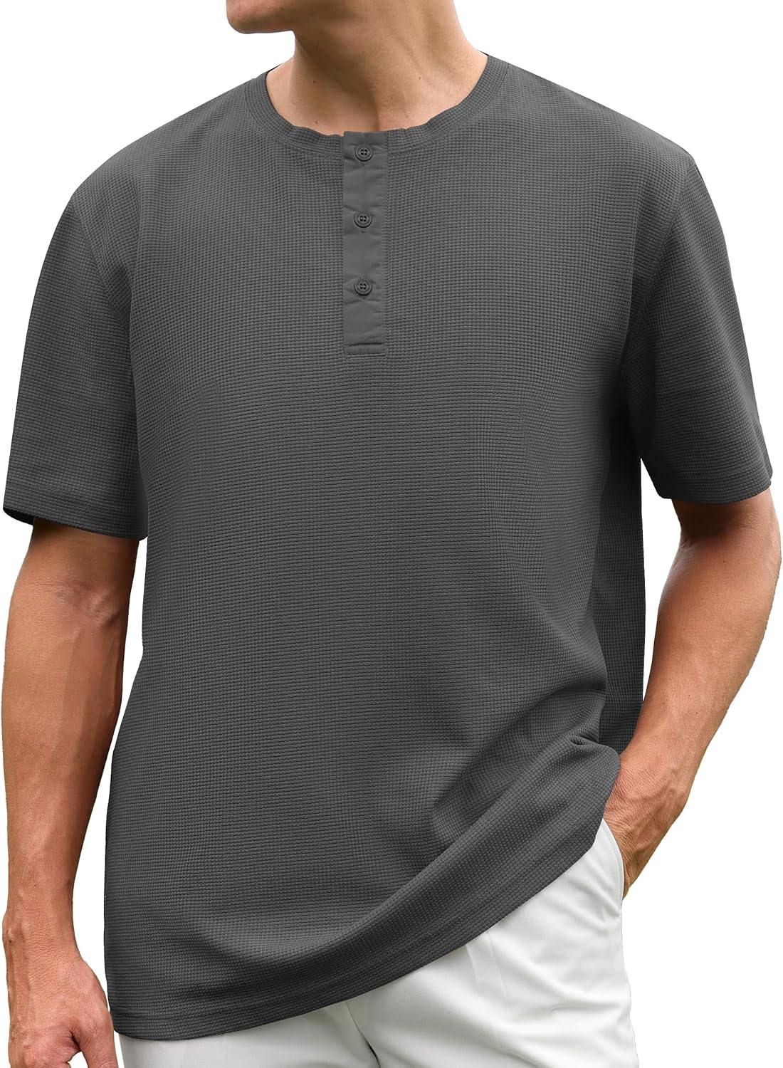 Men Henley Short Sleeve Fashion Casual Round Neck Button Down Waffle Henley Soild T Shirts